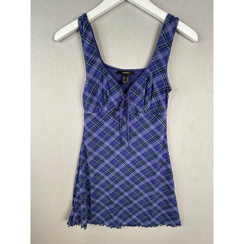 Forever 21 Plaid Mini Dress Women XS Purple Blue Mesh Y2K Lace Up Lettuce Hem